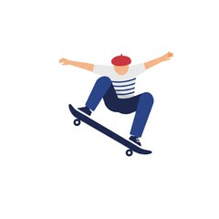 A stylized figure in a distinctive red beret skillfully balances on a skateboard during an exciting aerial maneuver.