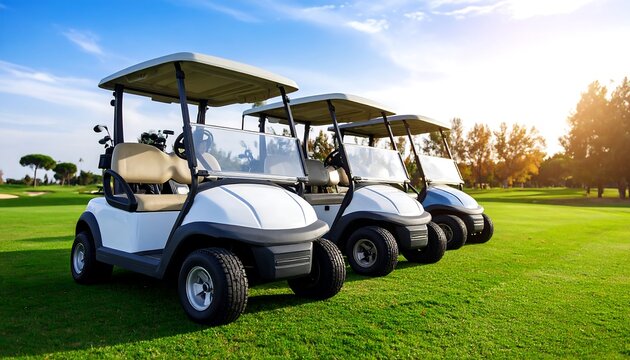 Golf carts parked on a manicured green