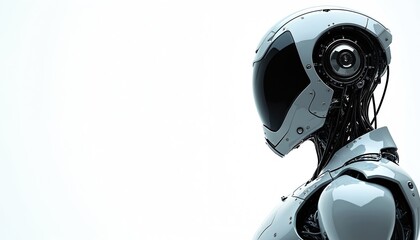 Futuristic robot exoskeleton armoring white sleek metallic body. Advanced cybernetic machinery with mechanical details. Powerful robot human fusion, automation, AI tech. Represents engineering,