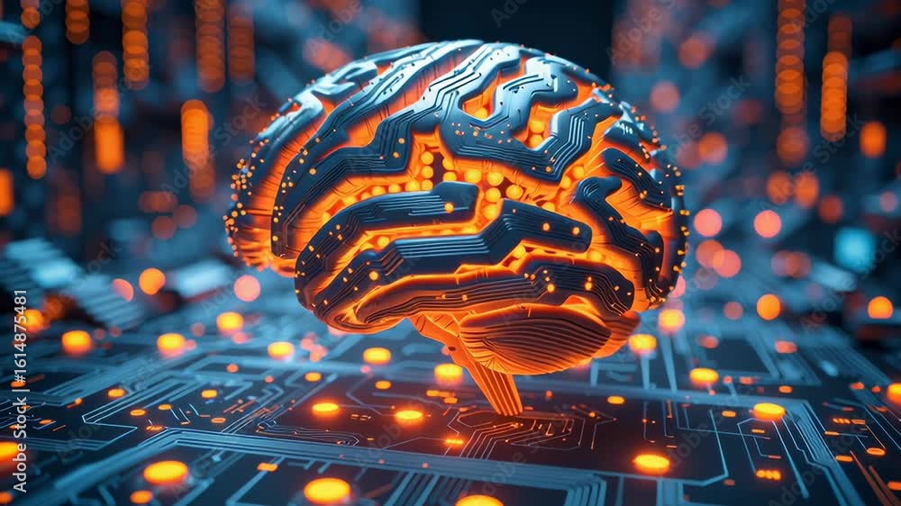 Poster a highly detailed, futuristic brain with intricate circuit patterns and glowing orange lights above 