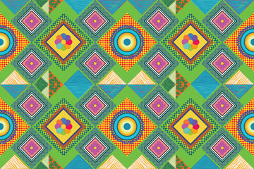 Bright and Bold Geometric Pattern with Diamond and Concentric Circle Motifs in a Modern Tribal Style