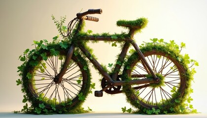 Unique bicycle art crafted from natural twigs, ivy, moss. Eco-friendly design celebrates sustainable cycling, nature lovers. Rustic wooden bicycle features vibrant green foliage, minimalist