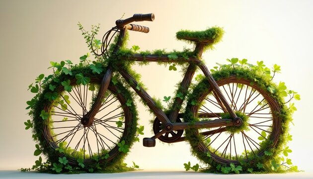 Unique bicycle art crafted from natural twigs, ivy, moss. Eco-friendly design celebrates sustainable cycling, nature lovers. Rustic wooden bicycle features vibrant green foliage, minimalist