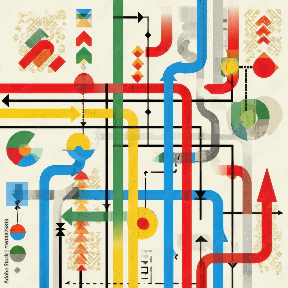 Poster colorful abstract design with interconnected pathways.