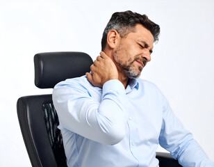Middle-aged man touching his painful neck while sitting in an office chair, plain shirt, health concept, studio lighting, clean white background