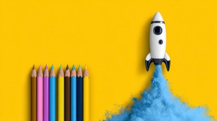 Back to school theme with hand drawn rocket and colored pencils. Vibrant autumn illustration featuring a whimsical space craft and art supplies ideal for educational projects and stationery