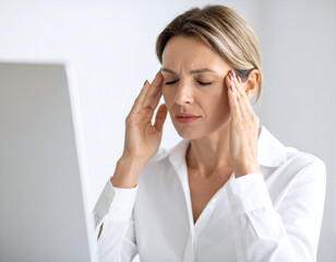 Woman with tired eyes rubbing her temples while looking at a monitor, plain blouse, white background, soft lighting