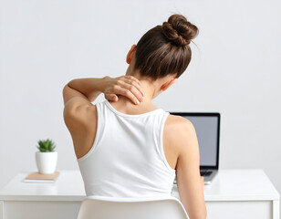 Young woman in plain clothes massaging her stiff neck while working at a computer, professional composition, clean white background, studio lighting