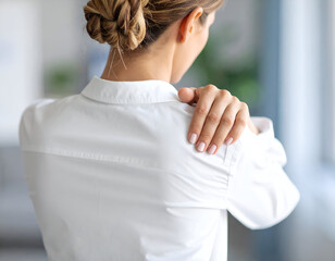 Young woman massaging her own shoulder, work-related pain, professional setup, plain white shirt