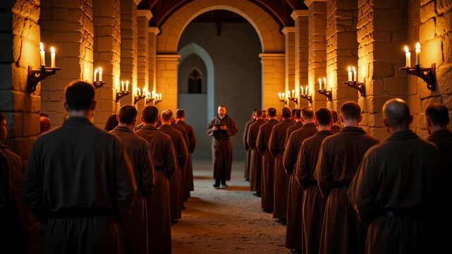 Medieval monks gathering for prayer in the church of a monastery