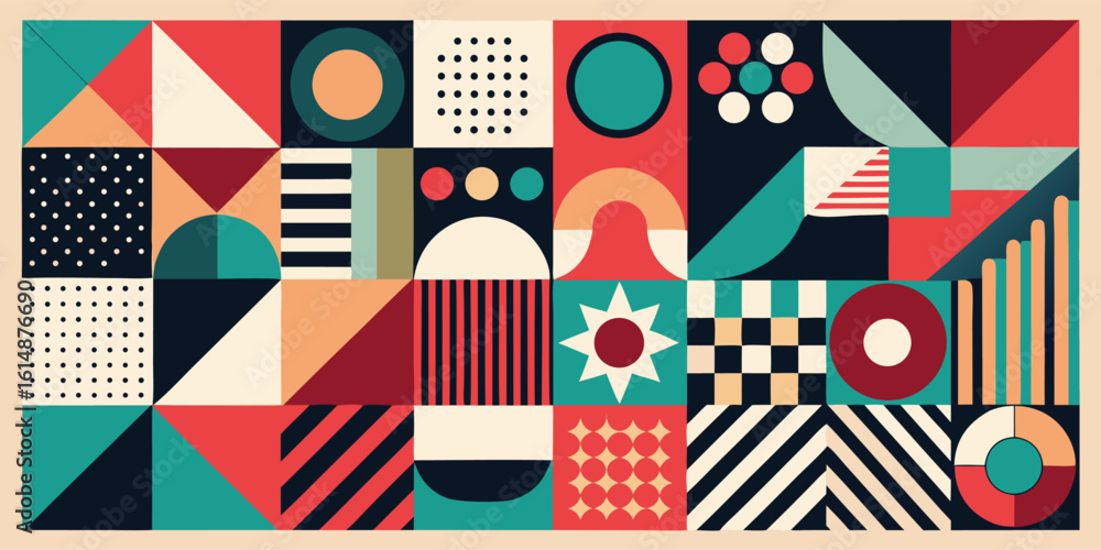 Poster a vibrant poster displaying an assortment of geometric shapes, such as rectangles, circles, and poly
