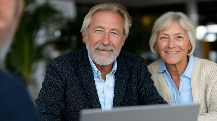 Senior couple consulting financial advisor in modern office about retirement planning, legal documents, or insurance policies in a calm, well-lit professional environment, retirement planning meeting,