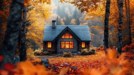 Cabin in the woods with fall foliage and fog