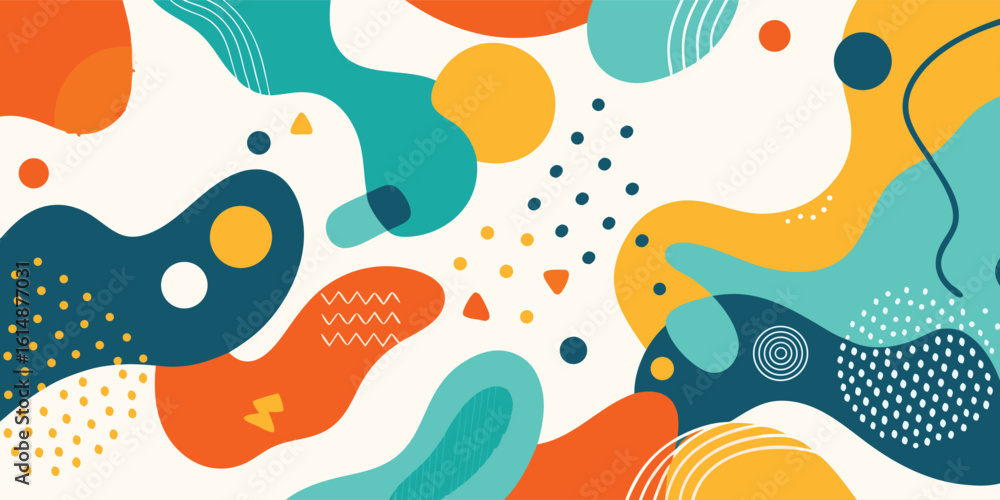 Poster colorful abstract background with a variety of shapes and dots, showcasing a playful and energetic d
