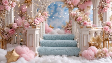 Small dollhouse with staircase surrounded by vibrant flowers, bright natural light, indoor decorative scene.