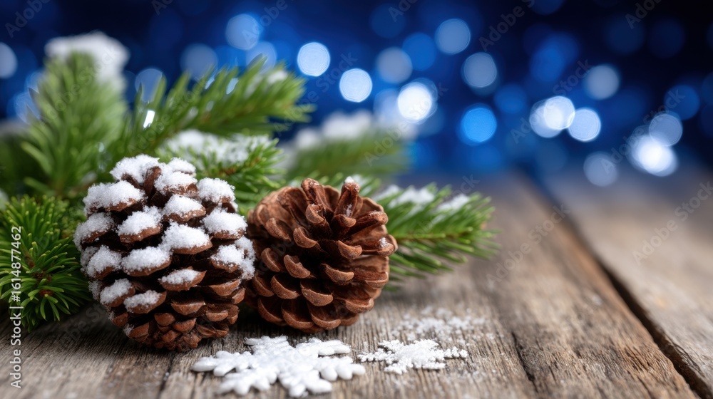 Poster pine cone resting on a snow-dusted wooden table with natural textures in soft daylight.
