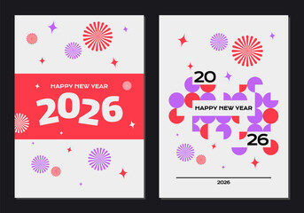 Set of two Happy New Year 2026 poster templates. Collection of modern graphic design layouts with abstract geometric shapes and fireworks for a holiday party