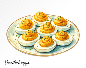 Watercolor deviled eggs arranged on a ceramic plate. Halved boiled eggs filled with creamy spiced yolk mixture, garnished with herbs. Vector illustration.