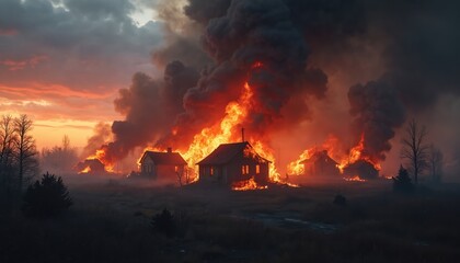 Village houses consumed by intense flames, thick smoke at dawn. Structures burn fiercely amid catastrophic inferno. Residential buildings destroyed by widespread fire, creating scene of destruction,