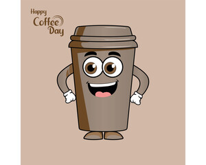 Cute cartoon coffee cup mascot for international coffee day celebration