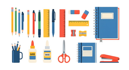 A colorful collection of essential school and office stationery tools arranged neatly on a white background