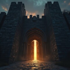 Dark ancient stone castle at twilight. Weathered walls stand tall. An inviting open door spills warm golden light, casting eerie shadows. Gothic architecture evokes mystery and adventure.