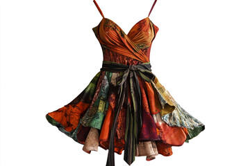 Stunning bohemian patchwork print mini dress with flowing skirt and tie waist