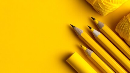 Flatlay of yellow school objects on yellow background. Vibrant stationery arrangement showcasing cheerful learning tools against a sunny backdrop.