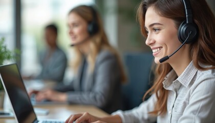 Customer service agent, likely female, wears headset, types on laptop, smiles. Another agent blurred in background. Represents call center operations, client support, communication technology.