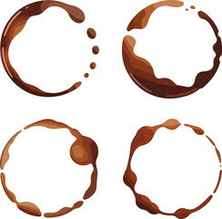 Coffee beans and coffee stains vector set with brown chocolate design elements and splash patterns