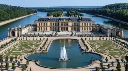 Magnificent Palace Surrounded by Lush Gardens and Reflective Water Features Under Clear Blue Sky