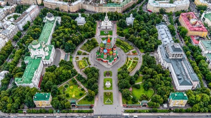 Aerial view of iconic architecture and green spaces in central Moscow, showcasing the beauty of the city’s landscape