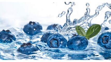 Blueberry in splash of water over white