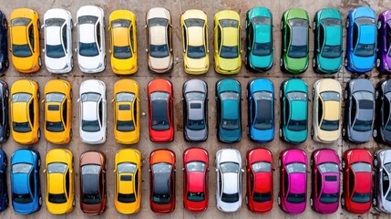 Colorful Collection of Cars in a Parking Lot from Above, Displaying Various Shapes and Models, Urban Environment