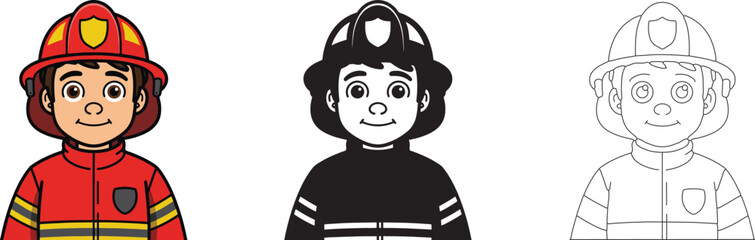 Firefighter icons set. Fire truck, rescue, helmet, emergency vector illustration