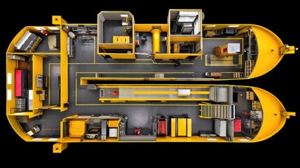 Detailed Top View of Industrial Modular Container with Workspaces and Equipment Arrangement