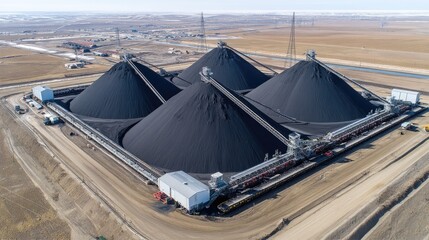 Aerial View of Large Coal Storage Piles with Conveyor System in Industrial Area under Clear Sky