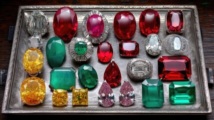A Stunning Display of Colorful Gemstones in Various Shapes and Sizes Arranged on a Silver Tray