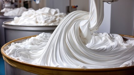 Creamy white mixture flowing from mixer in a processing facility for food or cosmetics production
