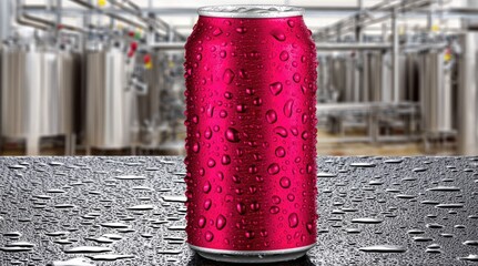 Close-Up View of a Moist Pink Beverage Can with Water Droplets on a Dark Surface in a Modern Brewery
