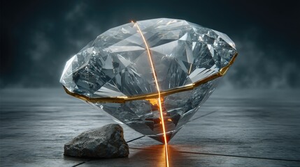 Stunning Diamond with Glowing Edge and Rock Base in Dramatic Lighting Setting