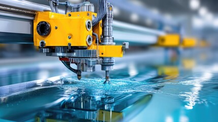 High-Precision Water Jet Cutting Machine in Action with Clear Water Splash and Industrial Factory Background