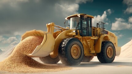 Heavy machinery loading grains onto a truck in a vast agricultural landscape under blue sky and clouds