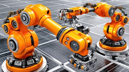 Robotic Arms Working on Solar Panels for Sustainable Energy Production in Modern Technology Environment