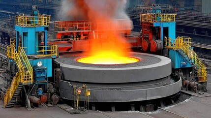 Fiery Molten Metal Pouring from Industrial Furnace in Steel Manufacturing Factory