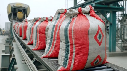 Colorful Red and White Bags on Conveyor Belt in Industrial Warehouse for Material Transport and Processing
