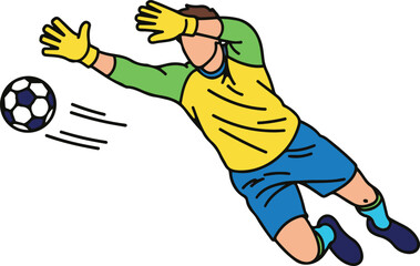 A stylized illustration of a soccer goalkeeper diving horizontally with outstretched hands, attempting to save a rapidly approaching soccer ball.