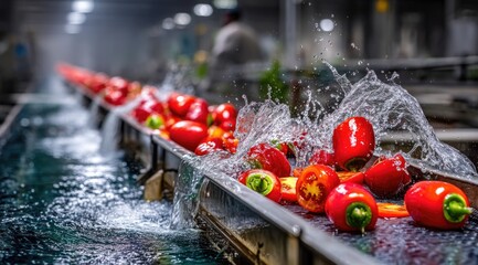 Fresh Red Peppers Splashing in Water on Conveyor Belt in Modern Food Processing Facility