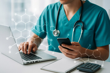 AI generated healthcare worker using laptop and smartphone at clean desk with overlay of molecular network representing data analysis research and digital connectivity in modern clinical environment