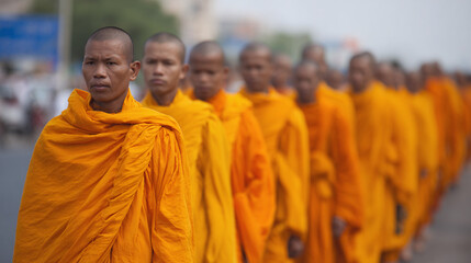 A Serene Procession of Buddhist Monks: Embracing Tradition and Spirituality in Colorful Orange Robes